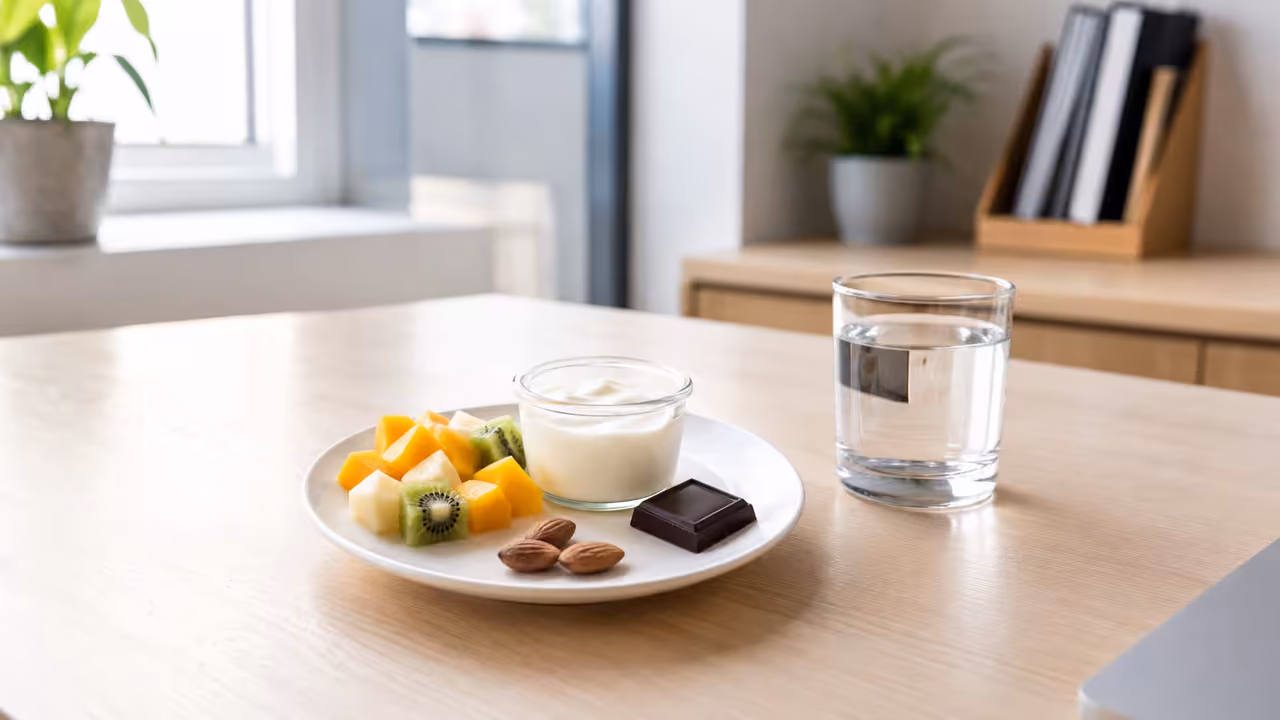 Assiette de collations saines composée d'amandes, de fruits frais et de yaourt posée sur un coin de bureau