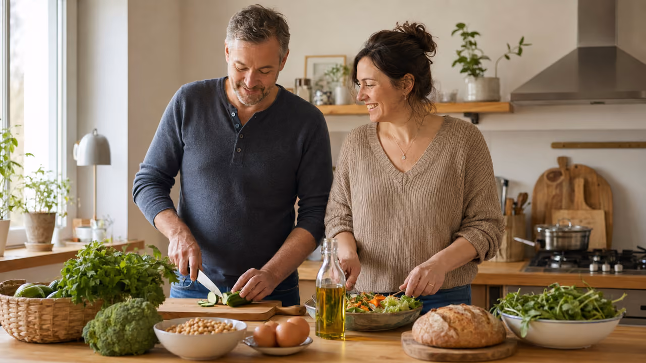 Homme et femme préparant ensemble un repas de légumes frais dans une cuisine lumineuse