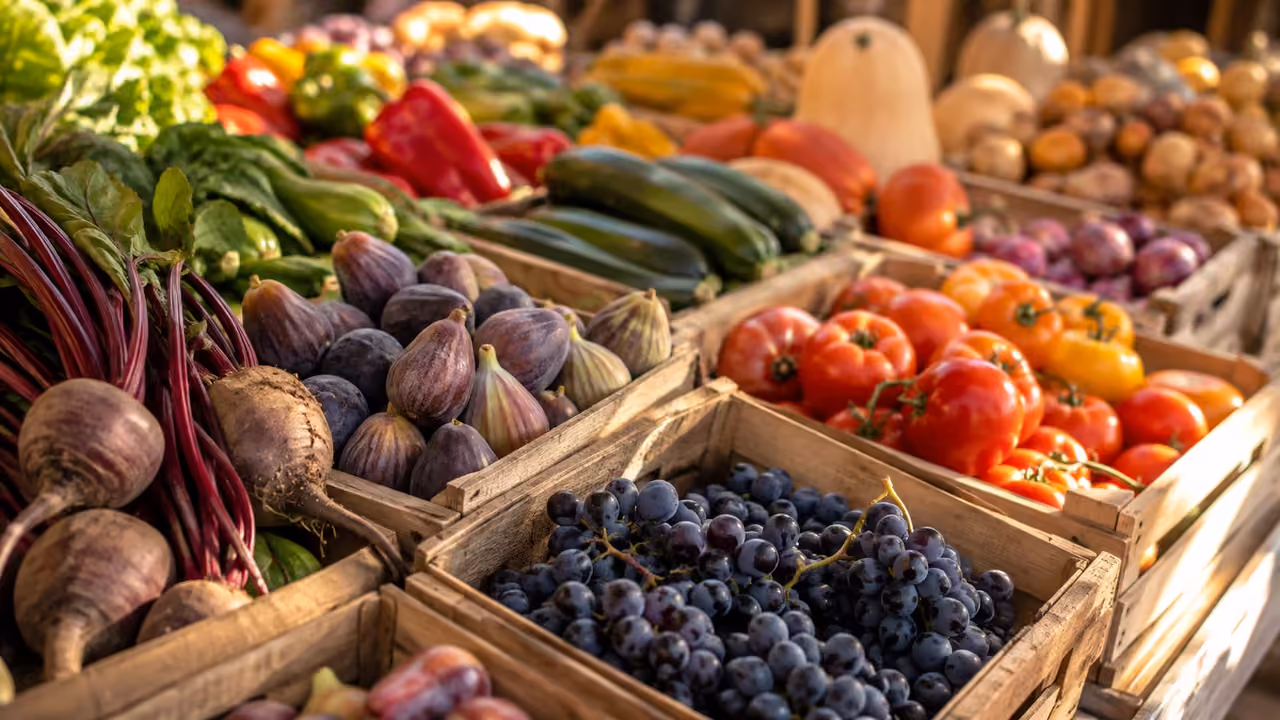 Étal de marché de septembre avec figues, raisin, prunes, courgettes et premiers potirons
