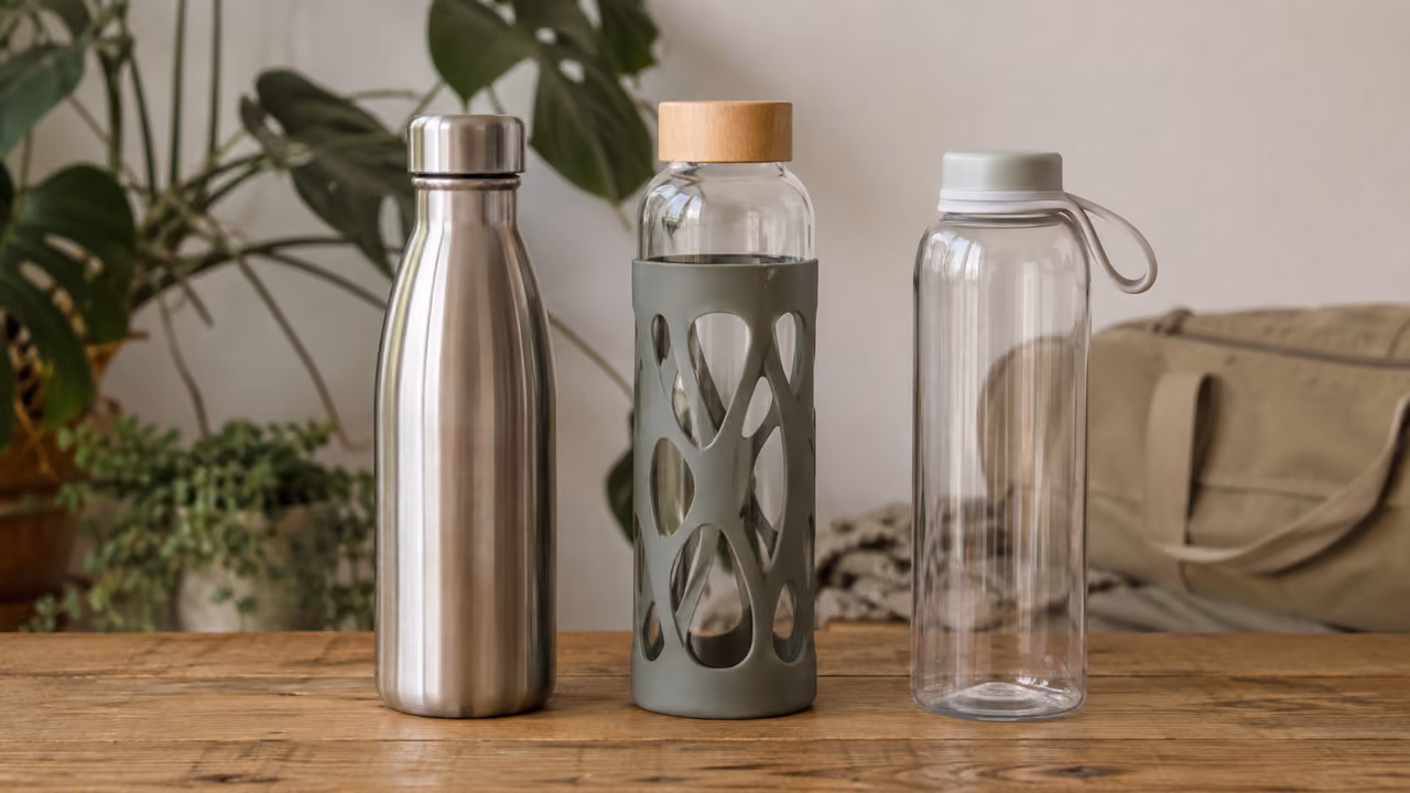 Trois gourdes neutres en inox, verre et matériau transparent posées sur une table
