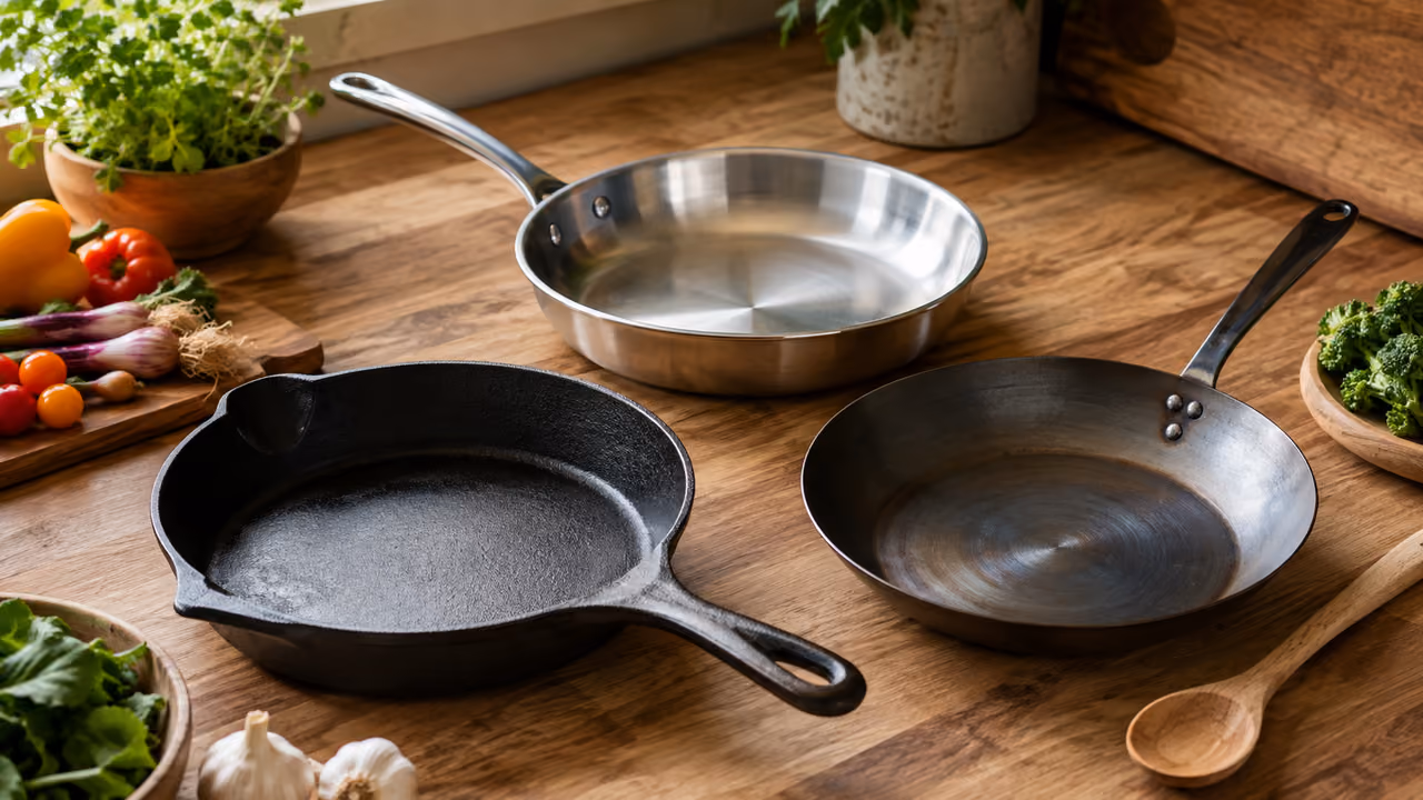 Poêles en inox, fonte et acier carbone disposées sur un plan de travail de cuisine lumineux