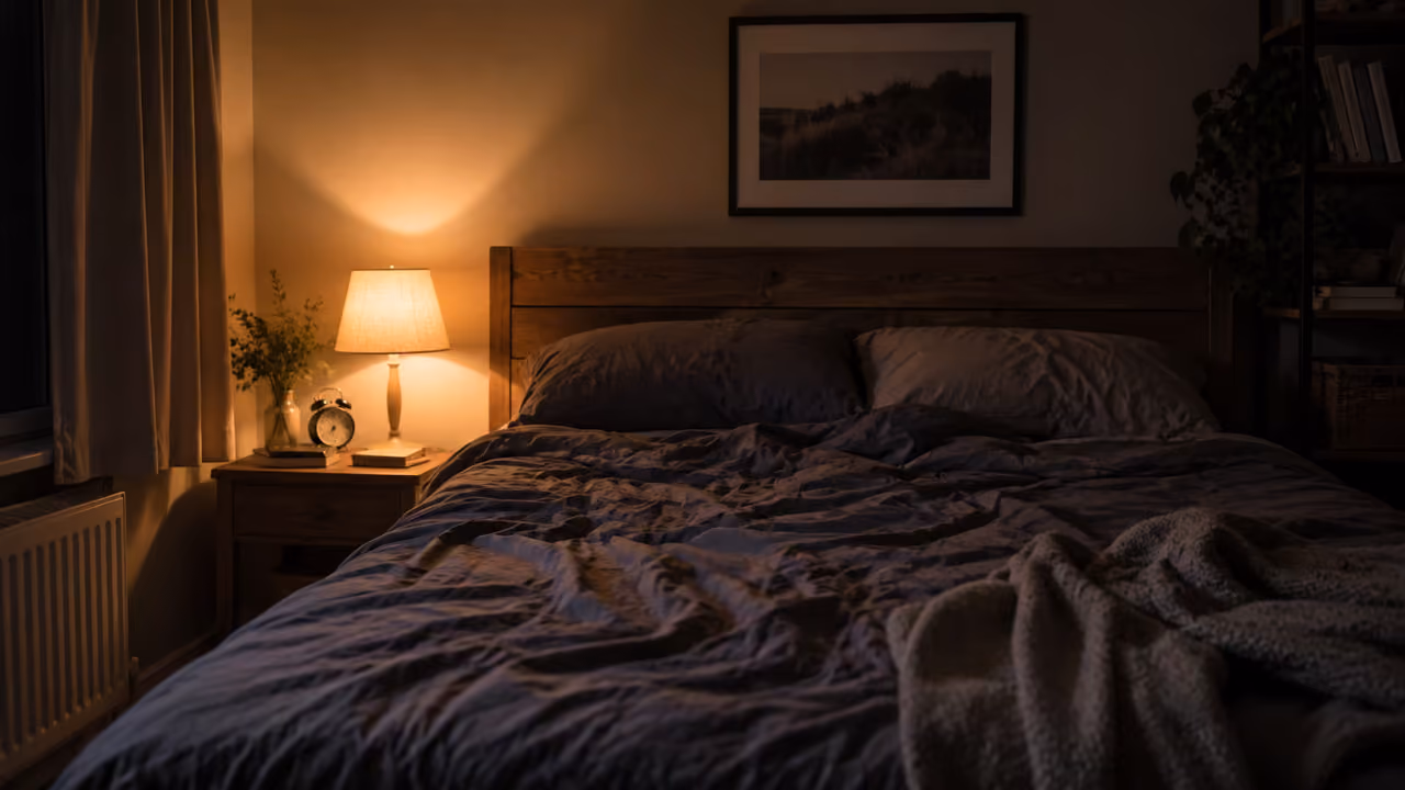 Chambre éclairée par une lampe de chevet à lumière chaude pendant un réveil nocturne