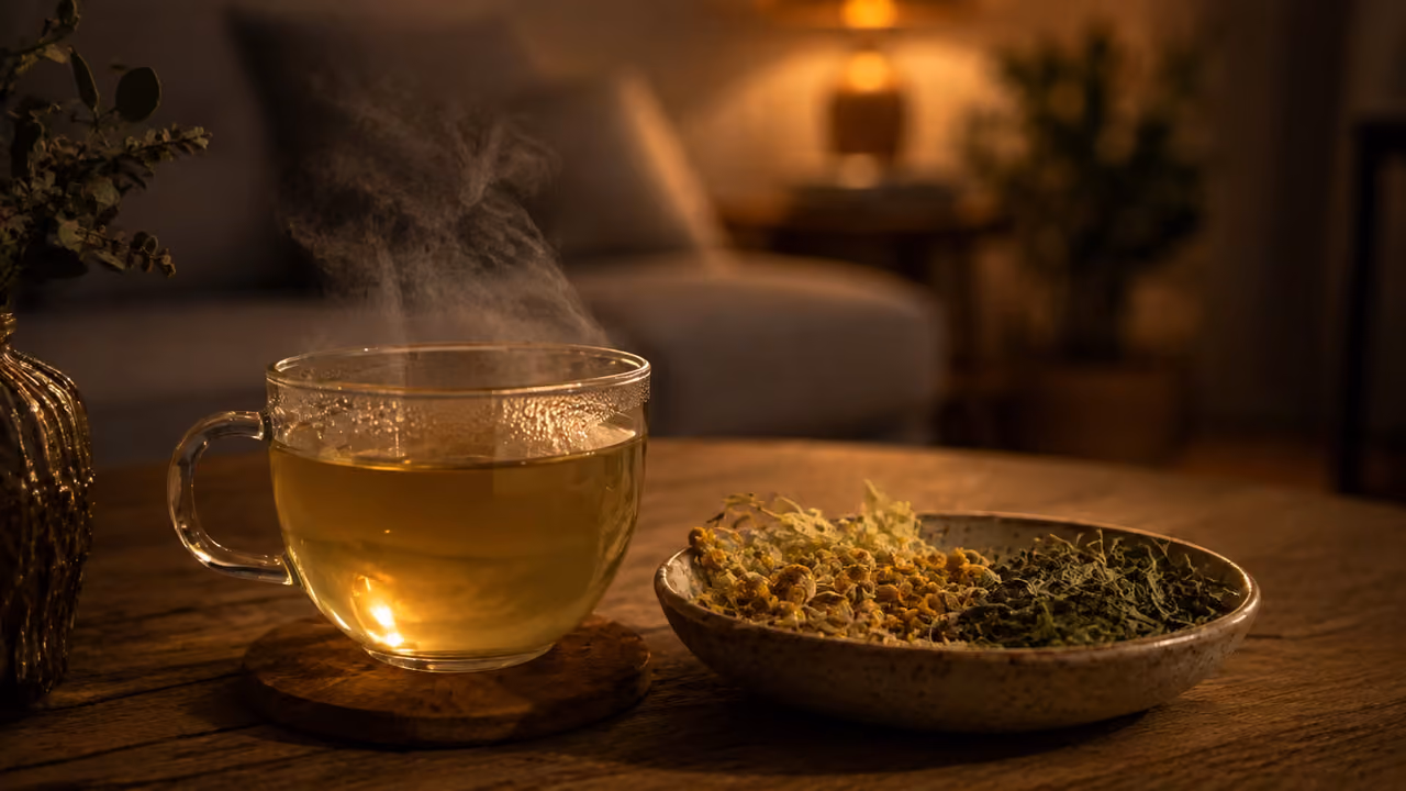 Tasse de tisane fumante posée près d'une coupelle de camomille, de tilleul et de verveine séchés