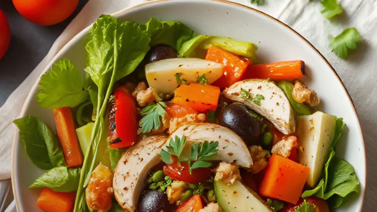 Assiette équilibrée colorée avec légumes, protéines et féculents